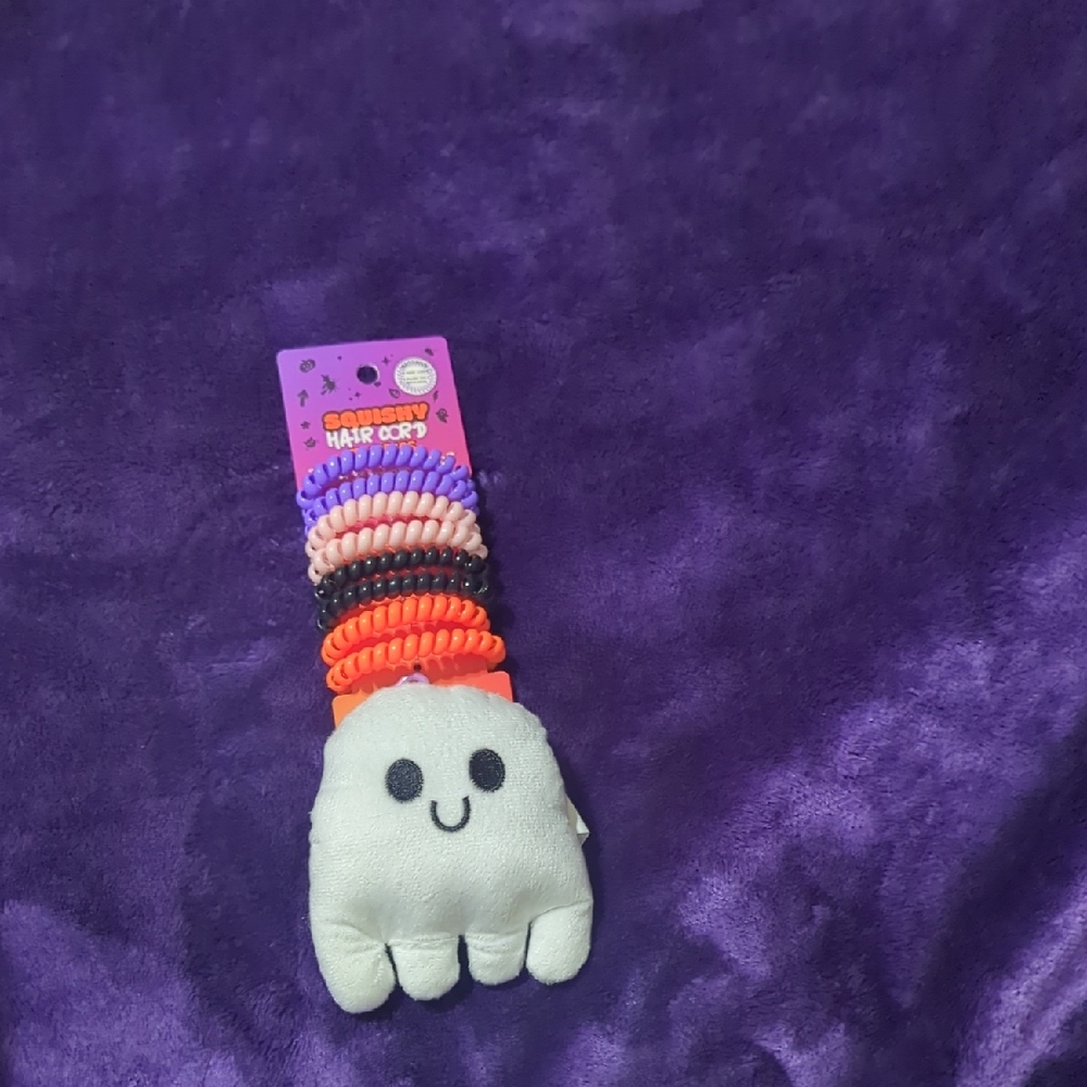 Kids Spiral Hair Ties - Purple, Orange, Black, Cream With Plush Ghost Keychain